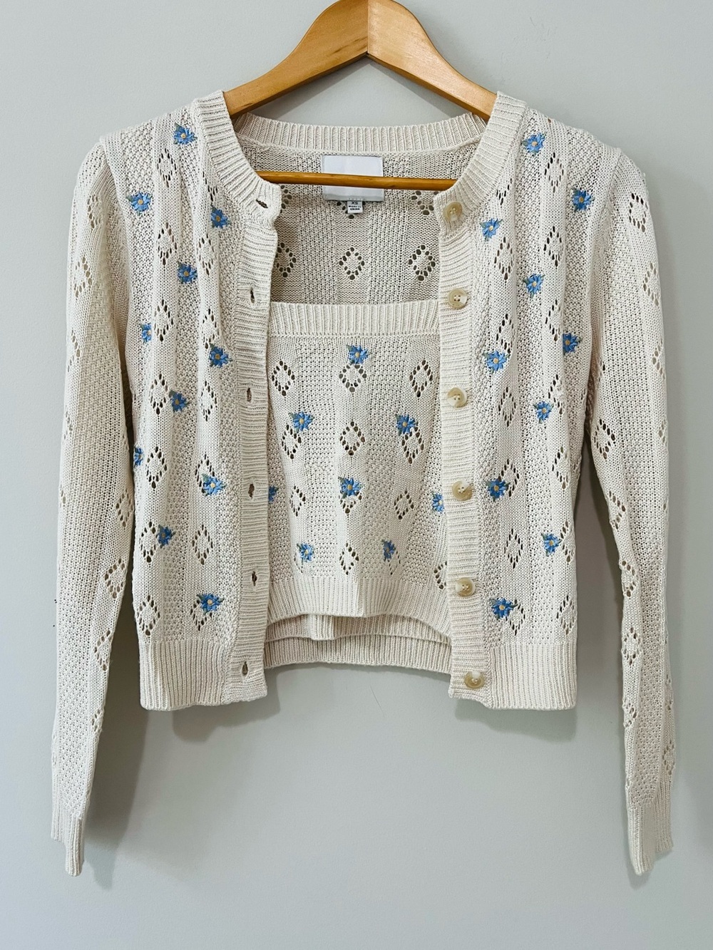 Pink Rose Pointelle Knit Cardigan & Tank Set Blue floral embroidered Cottagecore - Picture 3 of 14